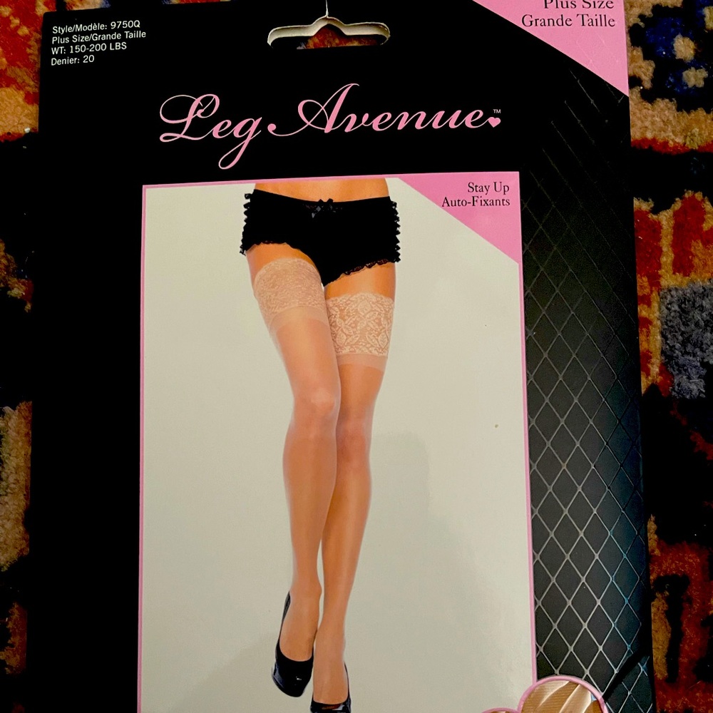 Thigh high stockings, 1X, 2 pairs, beige and black